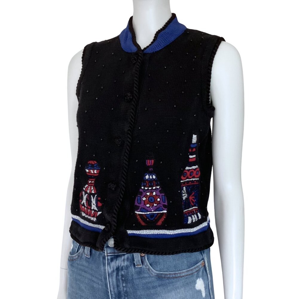 Vintage 90s Black Beaded Sweater Vest Christmas. Small. Cottagecore Embroidered - Picture 2 of 11